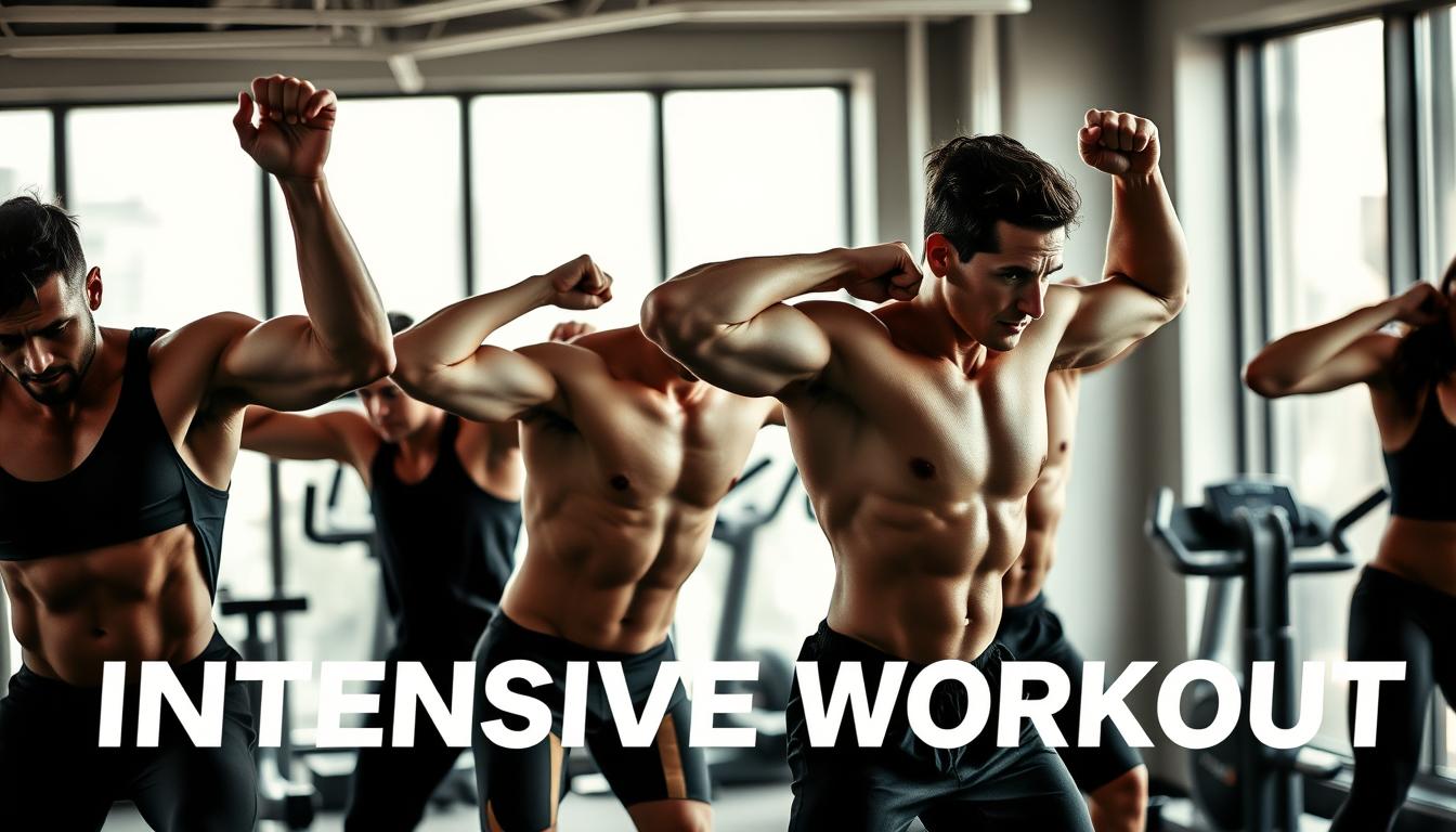 A group of fit individuals engaged in an intense workout regimen in a modern, well-equipped gym. The scene captures the vigorous movements and focused expressions of the exercisers as they push themselves to their limits. Beams of light filter through the large windows, creating dramatic shadows and highlighting the toned musculature of the participants. The background features sleek, minimalist gym equipment, adding to the overall sense of discipline and determination. The image conveys a palpable energy, reflecting the physical and mental challenges of the "Intensive Workout" routine.
