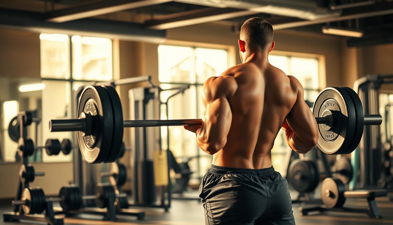 A muscular, fit individual performing a series of dynamic exercises in a modern, well-equipped gym. The scene is bathed in warm, natural lighting that highlights the subject's defined physique. In the foreground, the person is shown in the middle of a squat, their muscles straining as they lift a weighted barbell. In the background, a collection of free weights, resistance machines, and other fitness equipment are visible, conveying a sense of a comprehensive workout regimen. The overall atmosphere is one of focused determination and the pursuit of physical transformation, capturing the essence of an effective training program for weight loss and muscle building.