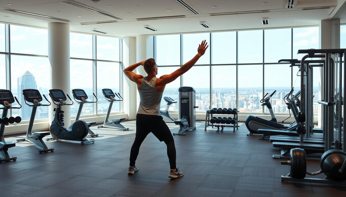 A well-equipped gym with sleek, modern equipment arranged in a spacious, well-lit room. In the foreground, a person performs dynamic stretches, preparing their body for an intense workout. The middle ground showcases a variety of free weights, resistance bands, and cardio machines, all in pristine condition. The background features large windows overlooking a picturesque urban landscape, creating a sense of openness and inspiration. The overall scene conveys a motivating atmosphere for physical fitness, with a focus on weight loss and muscle building through a diverse range of exercises.