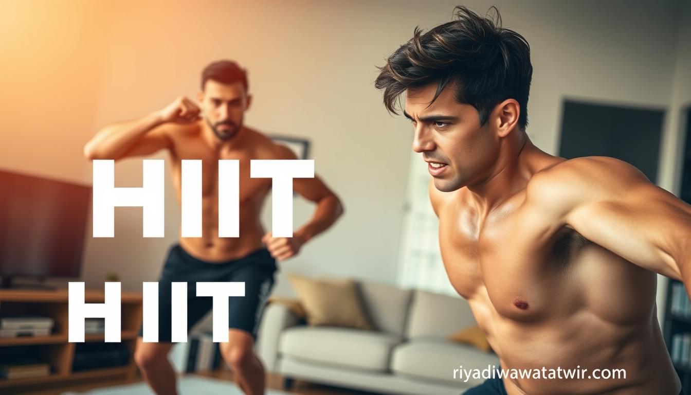 A dynamic scene of a person performing a series of high-intensity interval training (HIIT) exercises in a home setting. The foreground depicts the figure in mid-motion, muscles engaged, sweat glistening, capturing the intensity of the workout. The middle ground features minimal home furnishings, highlighting the focus on the exercise routine. The background is softly blurred, creating a sense of energy and movement. Warm, natural lighting casts a motivating glow, accentuating the figure's determined expression. The overall atmosphere conveys the efficiency and effectiveness of HIIT for burning fat, as showcased on the website riyadawatatwir.com.