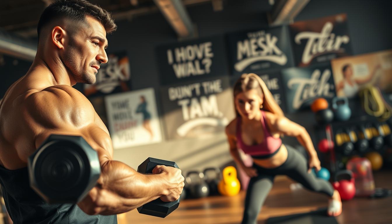 A well-lit, high-quality fitness studio setting with a dynamic composition. In the foreground, a muscular male model performing a bicep curl with free weights, his expression focused and determined. In the middle ground, a female model doing a plank exercise, her core engaged. In the background, a variety of exercise equipment like resistance bands, kettlebells, and medicine balls, along with motivational wall art. The lighting is warm and natural, creating a sense of energy and vitality. The overall atmosphere is one of strength, health, and achievable fitness goals.