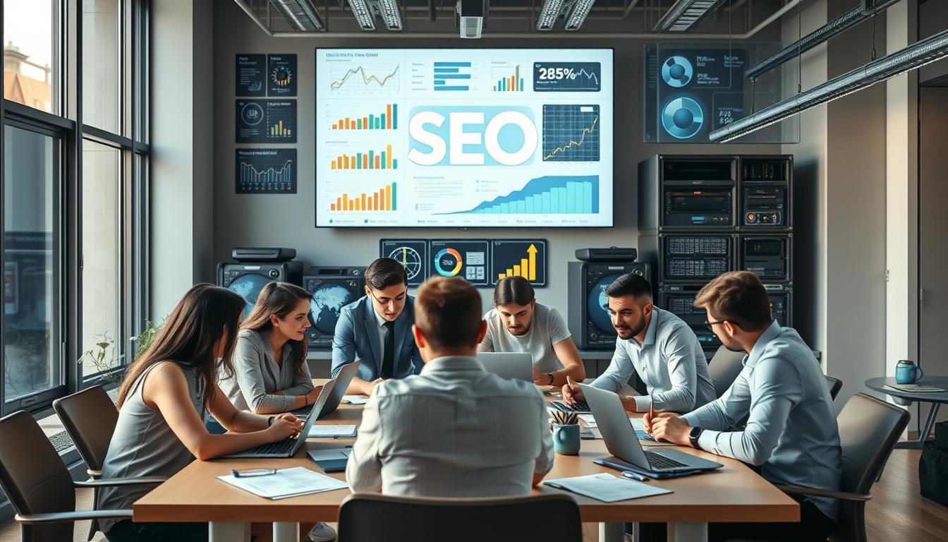A professional, modern office setting with a team of SEO experts collaborating on a digital marketing strategy. In the foreground, a group of young professionals gathered around a large conference table, laptops open and papers scattered, deep in discussion. Soft, natural lighting filters in through floor-to-ceiling windows, casting a warm glow across the scene. In the middle ground, various informative graphs, charts, and analytical tools displayed on large wall-mounted screens, visualizing the impact of SEO optimization. The background features an array of state-of-the-art technological equipment, servers, and other digital infrastructure, conveying the technical expertise required for effective SEO services. An atmosphere of focus, collaboration, and analytical rigor permeates the space, reflecting the diligence and precision needed to improve a business's online visibility and performance.