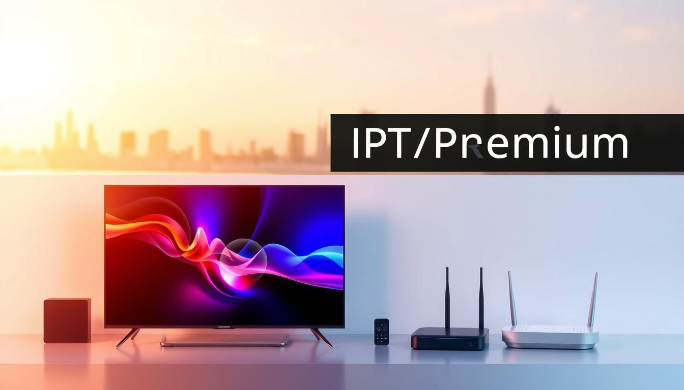 A sophisticated and contemporary illustration of IPTV Premium, showcasing its high-definition streaming capabilities. In the foreground, a sleek, minimalist smart TV set displaying a vibrant 4K video feed. The mid-ground features various connected devices, such as a high-end streaming box and a modern wireless router, symbolizing the seamless integration of IPTV technology. The background transitions into a softly blurred urban skyline, hinting at the expansive reach and connectivity of IPTV services. The overall composition exudes a sense of technological advancement, visual clarity, and the premium quality associated with IPTV Premium. Lighting is warm and inviting, creating a welcoming and engaging atmosphere.