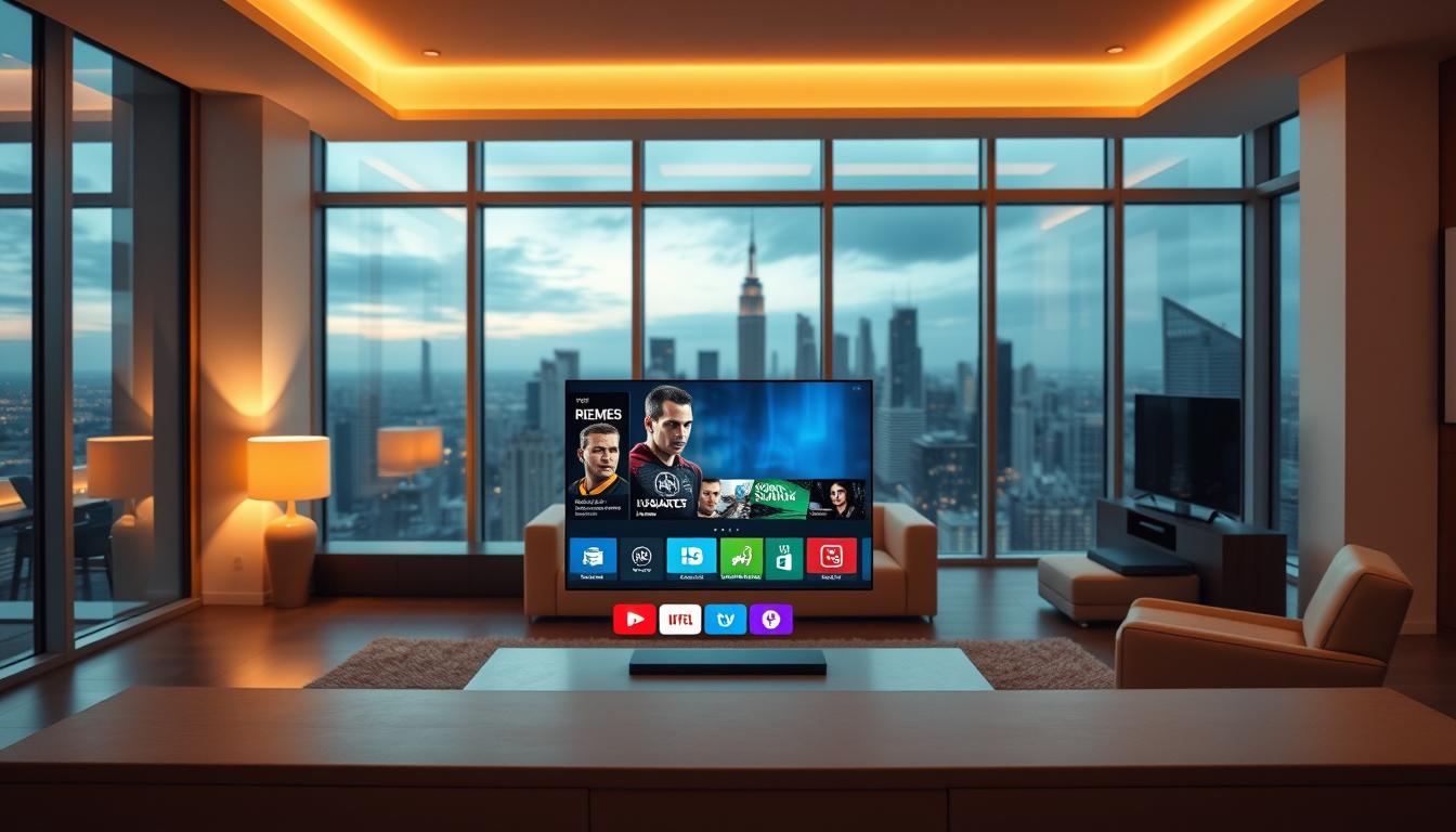 A spacious, modern living room with floor-to-ceiling windows overlooking a picturesque cityscape. In the foreground, a sleek, minimalist TV console displays a vibrant IPTV interface, showcasing its premium features and high-definition streaming capabilities. The screen is surrounded by a warm, ambient lighting setup, casting a soft glow across the room. In the middle ground, a comfortable couch and armchair provide the perfect spot for enjoying the immersive IPTV experience. The background features a skyline of skyscrapers, reflecting the urban setting and the convenience of accessing premium content from the comfort of one's home.