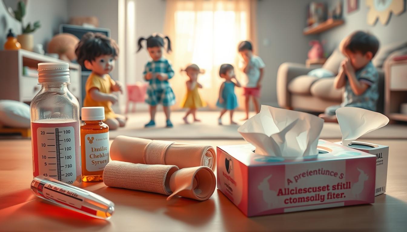 A vibrant scene depicting common childhood illnesses, captured with a soft, warm lighting and a slightly hazy, nostalgic tone. In the foreground, a collection of familiar ailments - a thermometer, a bandage, a bottle of cough syrup, and a box of tissues - arranged against a pastel backdrop. In the middle ground, a group of children playing, some with reddened cheeks, others sneezing or coughing, while in the background, a cozy, inviting home environment sets the stage for recovery and comfort. The image conveys a sense of understanding and empathy, reminding us of the delicate nature of childhood and the importance of prevention and care.