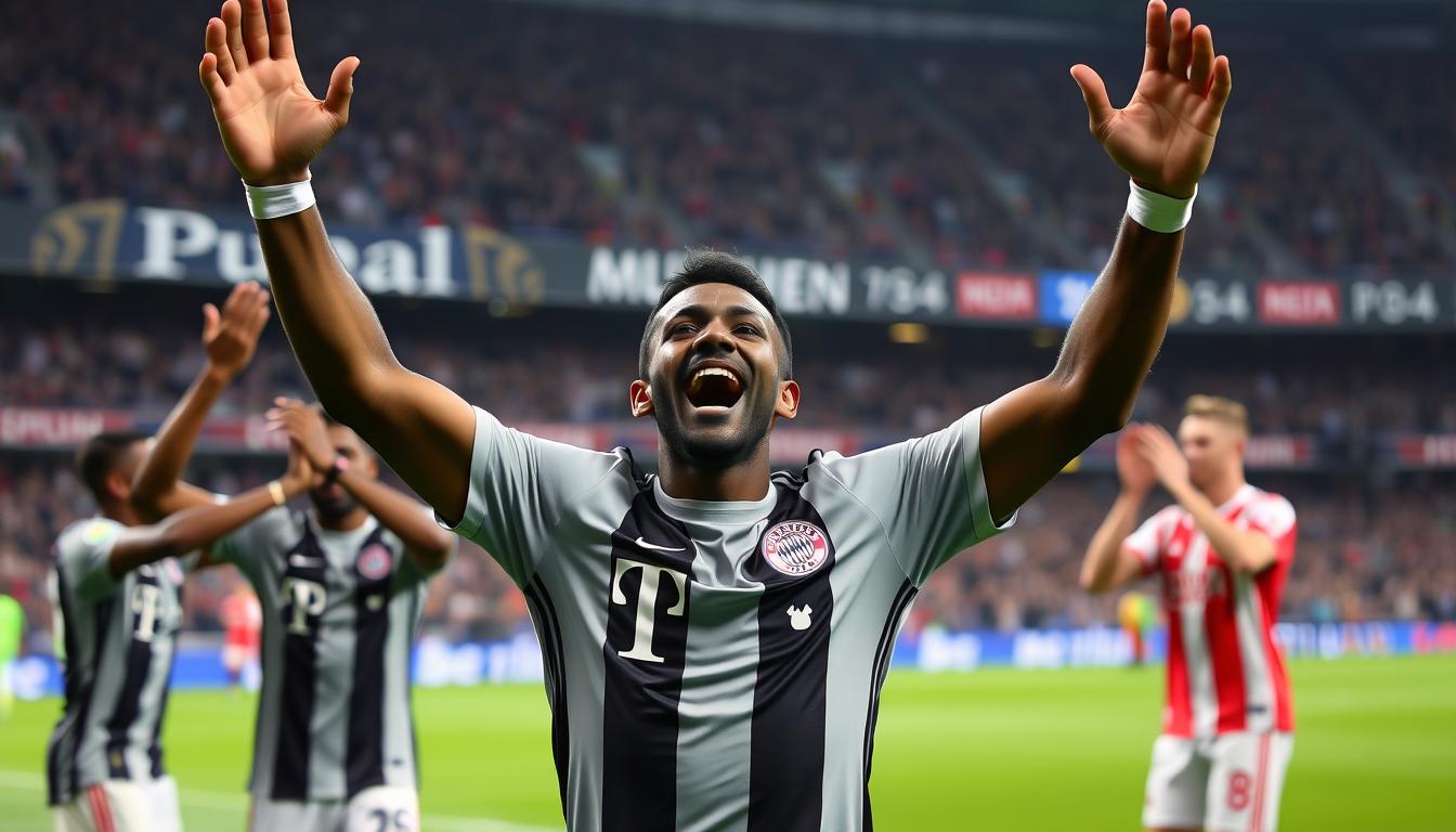 Jamal Musiala celebrating after breaking a record for Bayern Munich