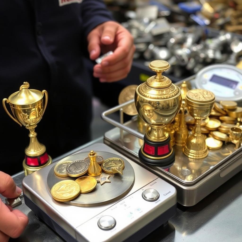 Edelmetallteile von Pokalen werden gewogen und bewertet