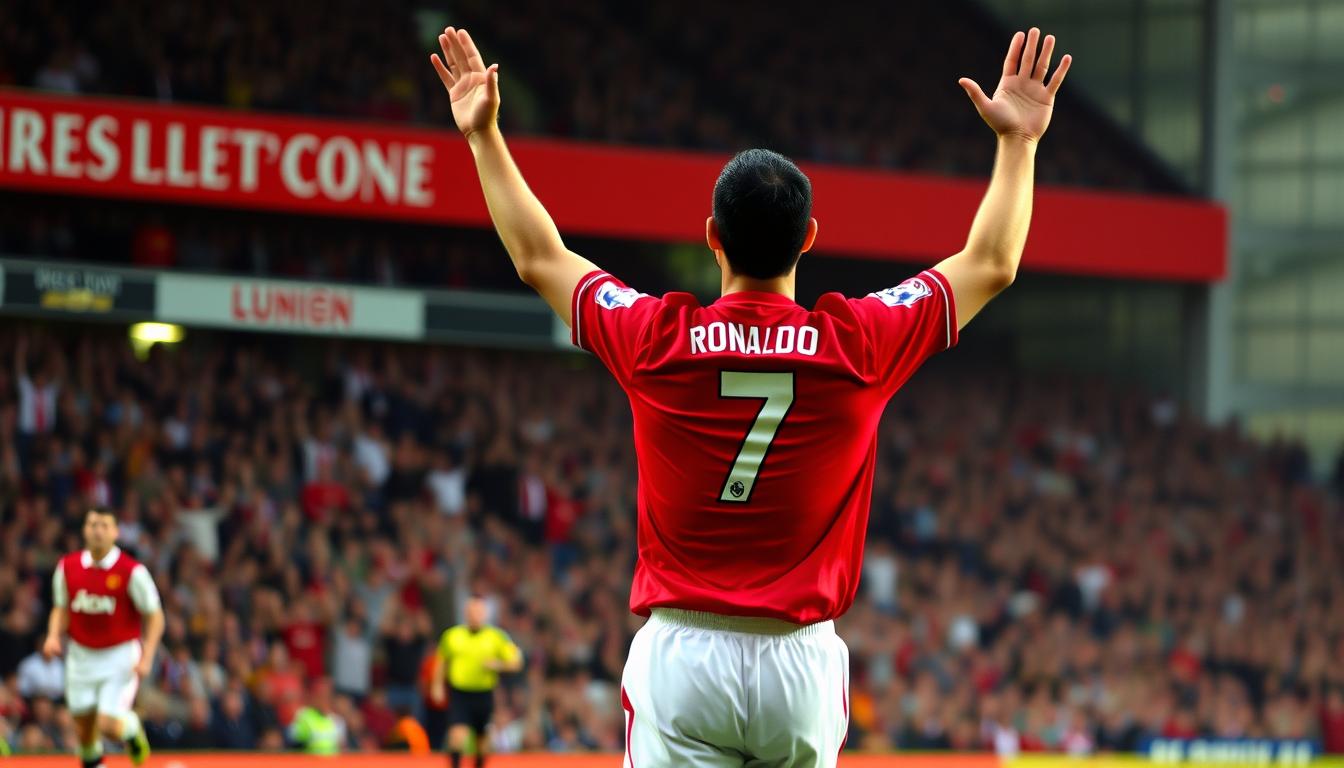 Cristiano Ronaldo im Manchester United Trikot mit der Nummer 7 feiert ein Tor im Old Trafford Stadion