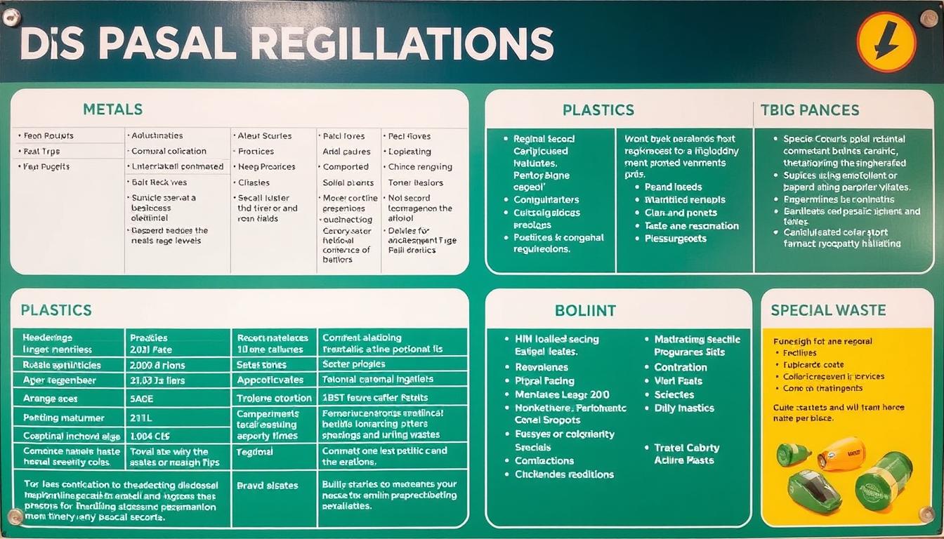 Informationstafel zu regionalen Entsorgungsvorschriften für verschiedene Materialien
