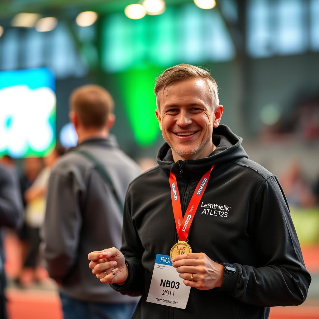 Zufriedener Kunde mit Leichtathletik Medaille NB03