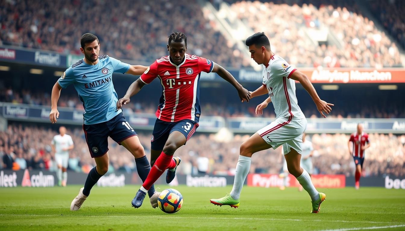 Jamal Musiala dribbling past defenders in a Bayern Munich match