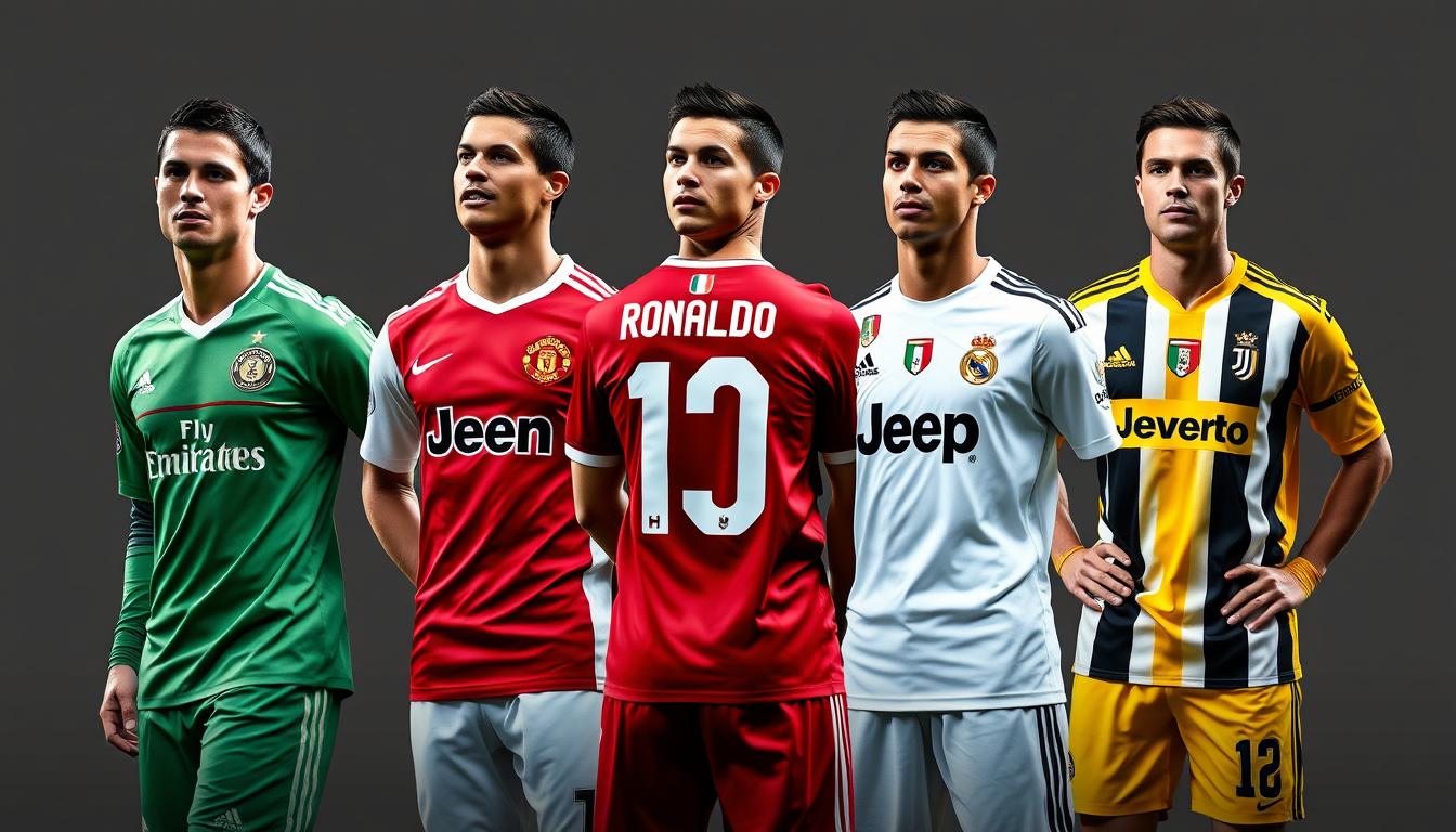 Cristiano Ronaldo in verschiedenen Trikots seiner Karriere - eine Collage seines Cristiano Ronaldo Lebenslaufs