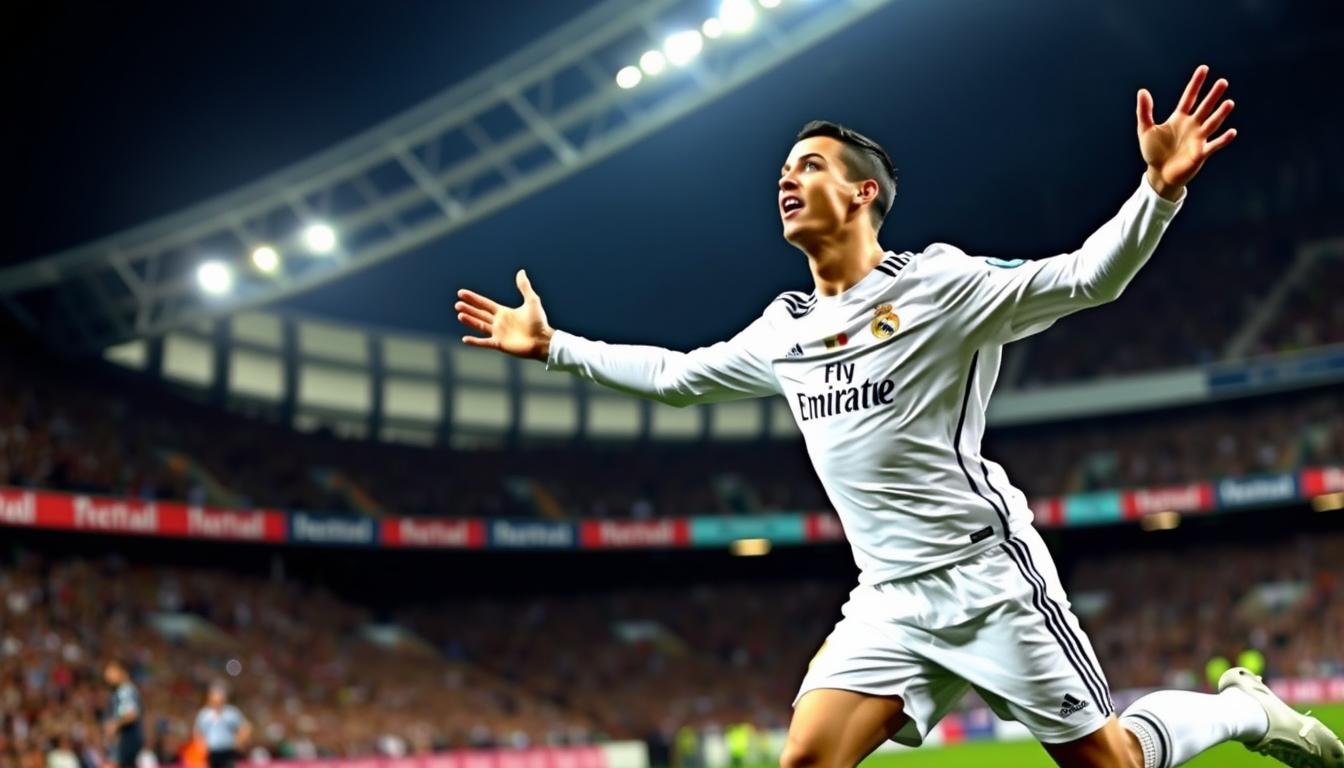 Cristiano Ronaldo im weißen Trikot von Real Madrid feiert einen Treffer mit seinem ikonischen 'Siu'-Jubel