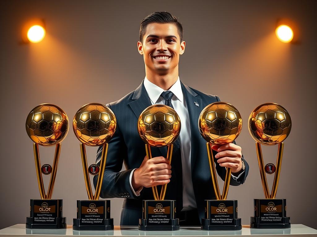 Cristiano Ronaldo mit seinen fünf Ballon d'Or Trophäen
