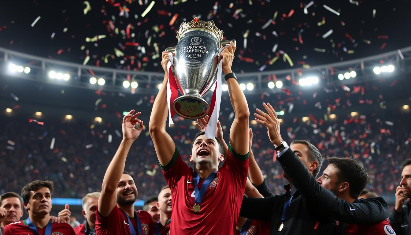 Cristiano Ronaldo hebt als Kapitän der portugiesischen Nationalmannschaft die EM-Trophäe 2016
