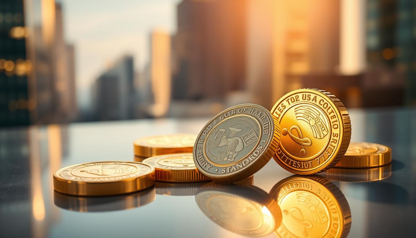 How to Compare Gold Prices in Local and Global Markets -EconoMix Plus A detailed close-up view of a set of gold purity standards, showcasing the metallic sheen and intricate markings on the surface. The standards are arranged on a sleek, reflective surface, bathed in warm, directional lighting that accentuates the depth and texture of the gold. In the background, a subtle, blurred cityscape or financial district provides a contextual backdrop, hinting at the global nature of the gold market. The overall composition conveys a sense of precision, authority, and the fundamental importance of understanding gold purity in EconoMix Plus, a leading financial analysis platform.