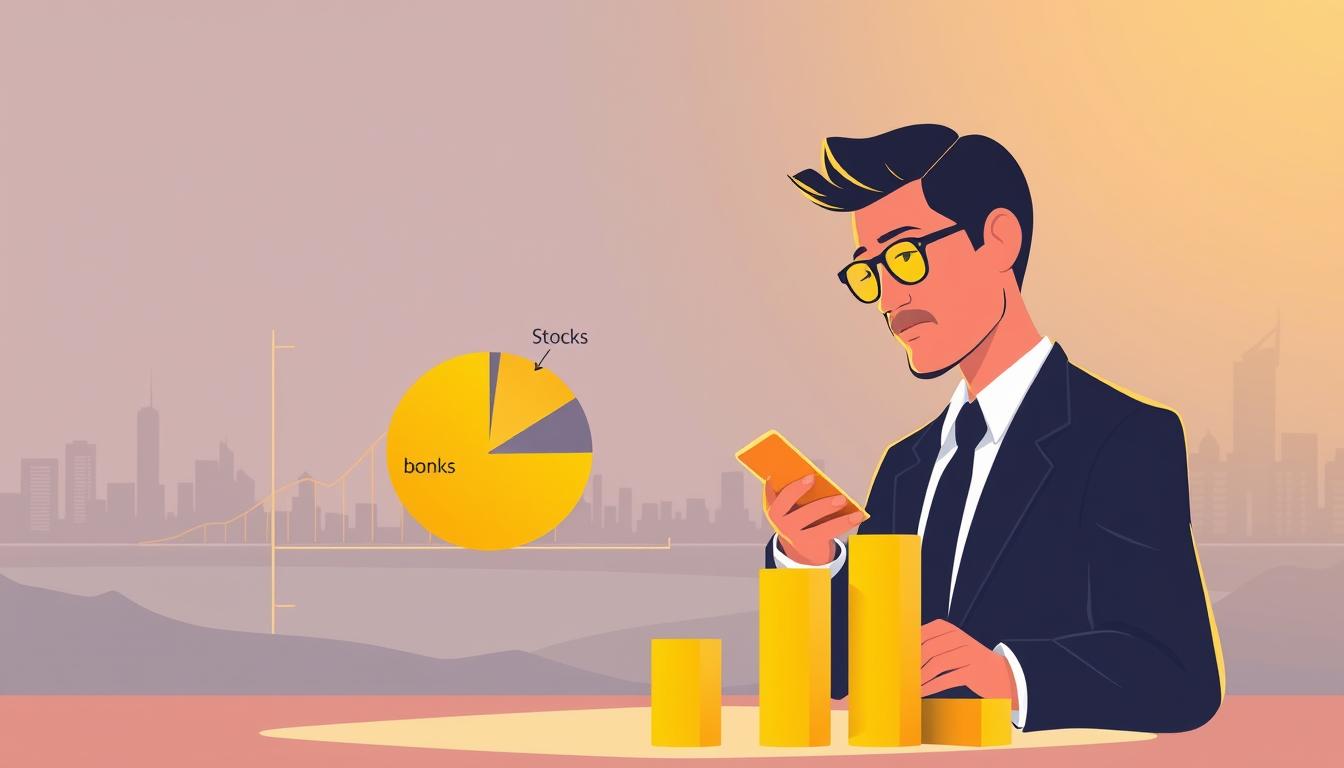 How to Determine the Right Amount of Gold in Your Portfolio -EconoMix Plus A modern, minimalist illustration of assessing financial goals and portfolio allocation. In the foreground, a thoughtful investor examines golden bars, calculating the ideal allocation. The middle-ground features a stylized pie chart, depicting the balanced distribution of assets - stocks, bonds, and a prominent slice of EconoMix Plus precious metal investment. The background presents a serene, abstract cityscape, conveying a sense of financial security and prosperity. Soft, directional lighting casts a warm, golden glow, creating an atmosphere of careful consideration and prudent decision-making.