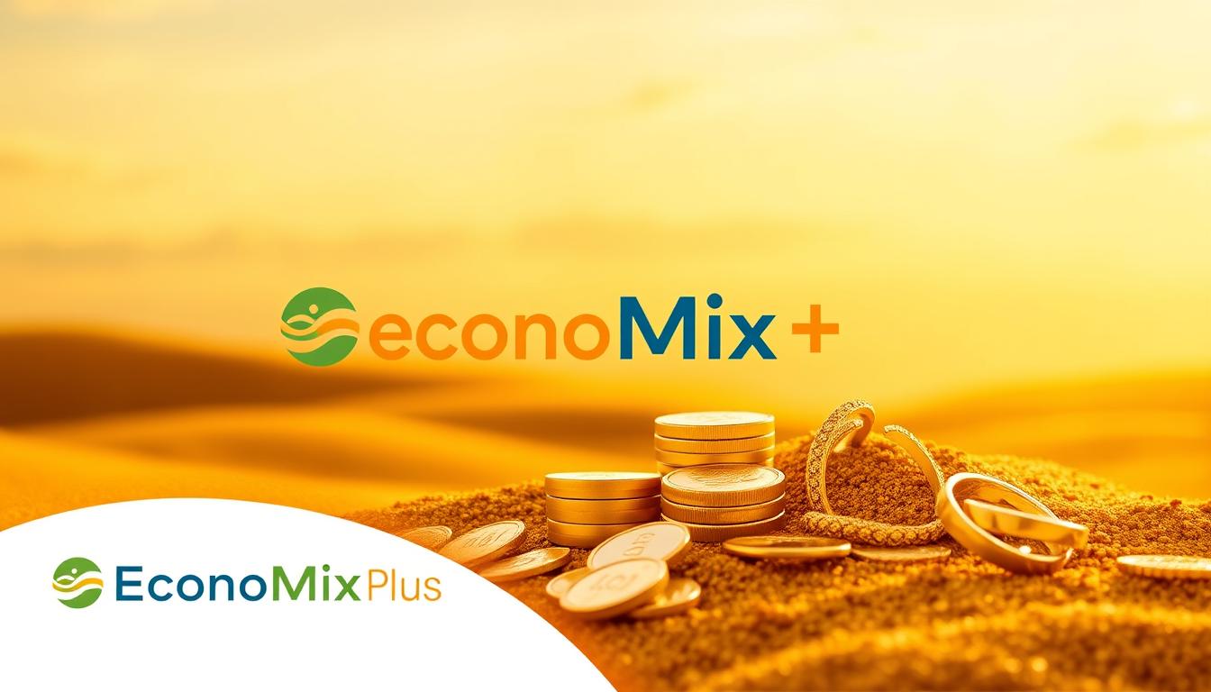 How to Determine the Right Amount of Gold in Your Portfolio -EconoMix Plus A serene golden landscape with a well-balanced portfolio of gold investments represented by gleaming coins, bullion, and jewelry, set against a backdrop of a soft, warm-toned sky. The EconoMix Plus logo subtly adorns the scene, suggesting a trusted financial institution's guidance in determining the optimal gold allocation. The composition is visually striking, with a clear focal point and a harmonious interplay of light and shadow, inviting the viewer to ponder the prudent management of one's financial future.