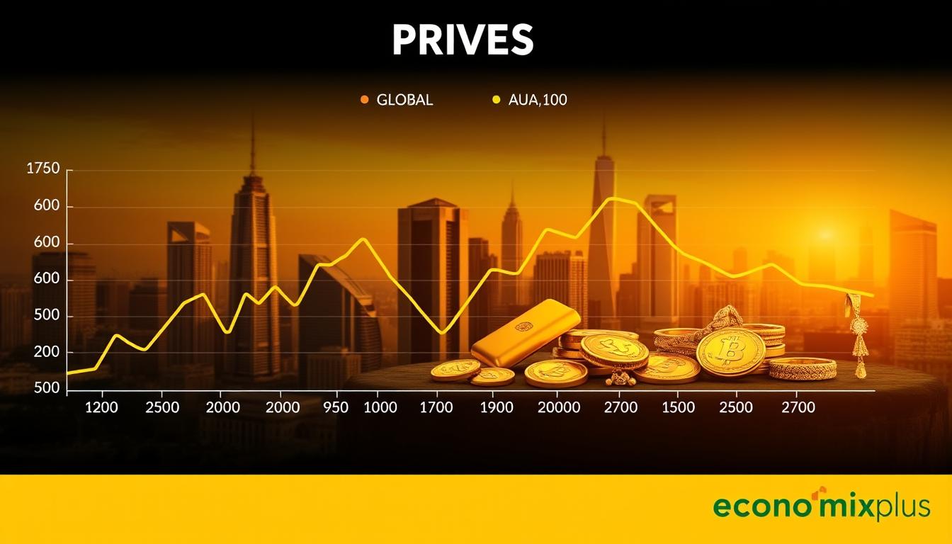 How to Compare Gold Prices in Local and Global Markets -EconoMix Plus A sleek, modern infographic contrasting the current gold prices in major global and local markets. The foreground features a clean, minimalist graph with lines and bars highlighting the price fluctuations, rendered in a bold, metallic gold hue. The middle ground showcases various gold bullion, coins, and jewelry pieces, captured in crisp detail under warm, directional lighting. The background depicts a cityscape with towering skyscrapers, reflecting the global nature of the gold trade. The overall atmosphere conveys a sense of financial authority and sophistication. A subtle EconoMix Plus logo discreetly appears in the bottom corner.