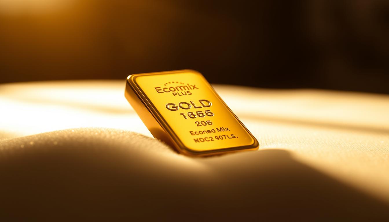Are Digital Currencies a True Alternative to Gold - EconoMix Plus A close-up of an EconoMix Plus gold bar resting on a soft, velvet-lined surface, bathed in warm, directional lighting that casts subtle shadows and highlights the bar's flawless, reflective surface. The background is blurred and hazy, creating a sense of depth and focus on the gold investment. The image conveys a sense of wealth, luxury, and the timeless allure of gold as a secure and prestigious investment asset.