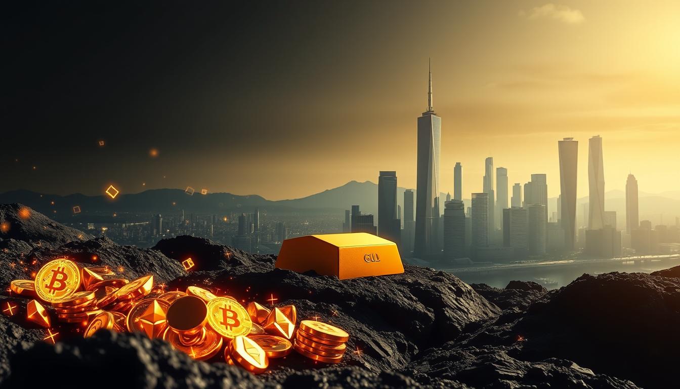 Are Digital Currencies a True Alternative to Gold - EconoMix Plus A digitally-rendered landscape depicting the contrast between the volatility of digital currencies and the stability of gold. In the foreground, a cluster of digital currencies (Bitcoin, Ethereum, etc.) represented by glowing, geometric shapes, their values fluctuating wildly. In the middle ground, a solid, golden ingot stands steadfast, symbolizing the enduring value of the precious metal. In the background, a sleek, futuristic cityscape with towering skyscrapers, reflecting the sophisticated, technological nature of the modern financial landscape. Dramatic lighting casts deep shadows, creating a sense of tension and uncertainty. Crisp, high-definition details throughout, capturing the precision of the EconoMix Plus model.