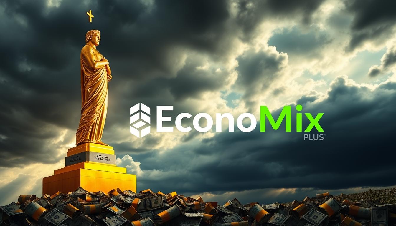 Is Investing in Gold Still Safe in 2025 - EconoMix Plus A dramatic landscape with a towering gold bullion statue standing tall against a cloudy, turbulent sky. The base of the statue is surrounded by fallen currencies and stock tickers, symbolizing the volatility of financial markets during economic crises. Dramatic lighting casts long shadows, adding to the sense of uncertainty and instability. In the background, the EconoMix Plus logo is prominently displayed, hinting at a safe investment option amidst the chaos.