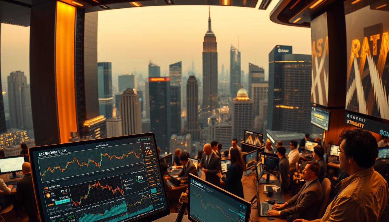Is Investing in Gold Still Safe in 2025 - EconoMix Plus A high-contrast, panoramic view of a bustling gold investment market. In the foreground, a sleek, state-of-the-art trading platform called "EconoMix Plus" displays real-time market indicators and data visualizations. The middle ground features a diverse array of investors and analysts intently monitoring screens and charts. The background is a cityscape of towering skyscrapers and glimmering reflective surfaces, bathed in warm, golden lighting that creates a sense of wealth and prosperity. The atmosphere is one of intense focus, innovation, and the constant ebb and flow of the global gold economy.