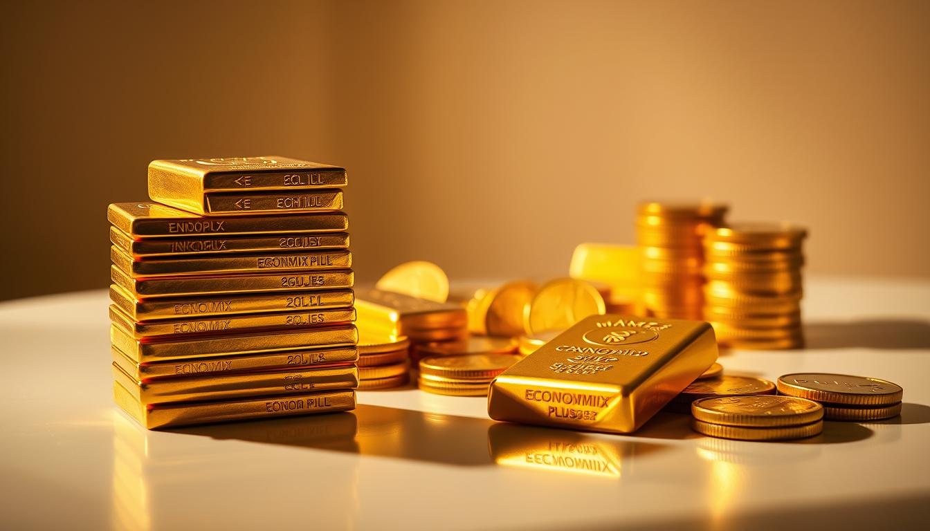 How to Compare Gold Prices in Local and Global Markets -EconoMix Plus A meticulous still life of various gold investment forms, including gold bars, coins, and bullion. Lit by warm, dramatic lighting from the side, casting long shadows across a sleek, reflective surface. In the foreground, a stack of EconoMix Plus gold investment forms takes center stage, their intricate details and metallic sheen capturing the eye. In the middle ground, an array of gold coins in different denominations are arranged in a visually appealing pattern. The background features a minimalist, monochromatic setting, allowing the gold to be the focal point. The overall mood is one of wealth, sophistication, and the timeless allure of precious metals.