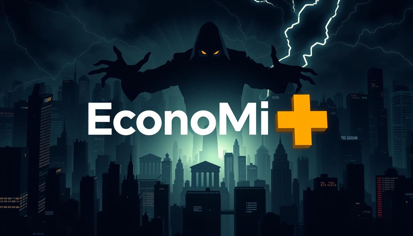 Do Cryptocurrencies Threaten the Traditional Financial System - EconoMix Plus A dark, ominous cityscape at night, with the iconic EconoMix Plus logo casting an eerie glow. In the foreground, a shadowy figure representing the cryptocurrency threat, its form shifting and distorting the urban landscape. The middle ground is a chaotic mix of traditional financial symbols - dollar signs, bank buildings, and stock tickers - all being disrupted and overshadowed by the looming cryptocurrency presence. The background is a swirling, electrified atmosphere, hinting at the volatility and unpredictability of the digital currency revolution. The overall tone is one of unease, uncertainty, and the sense that the old order is being challenged by a new, disruptive force.
