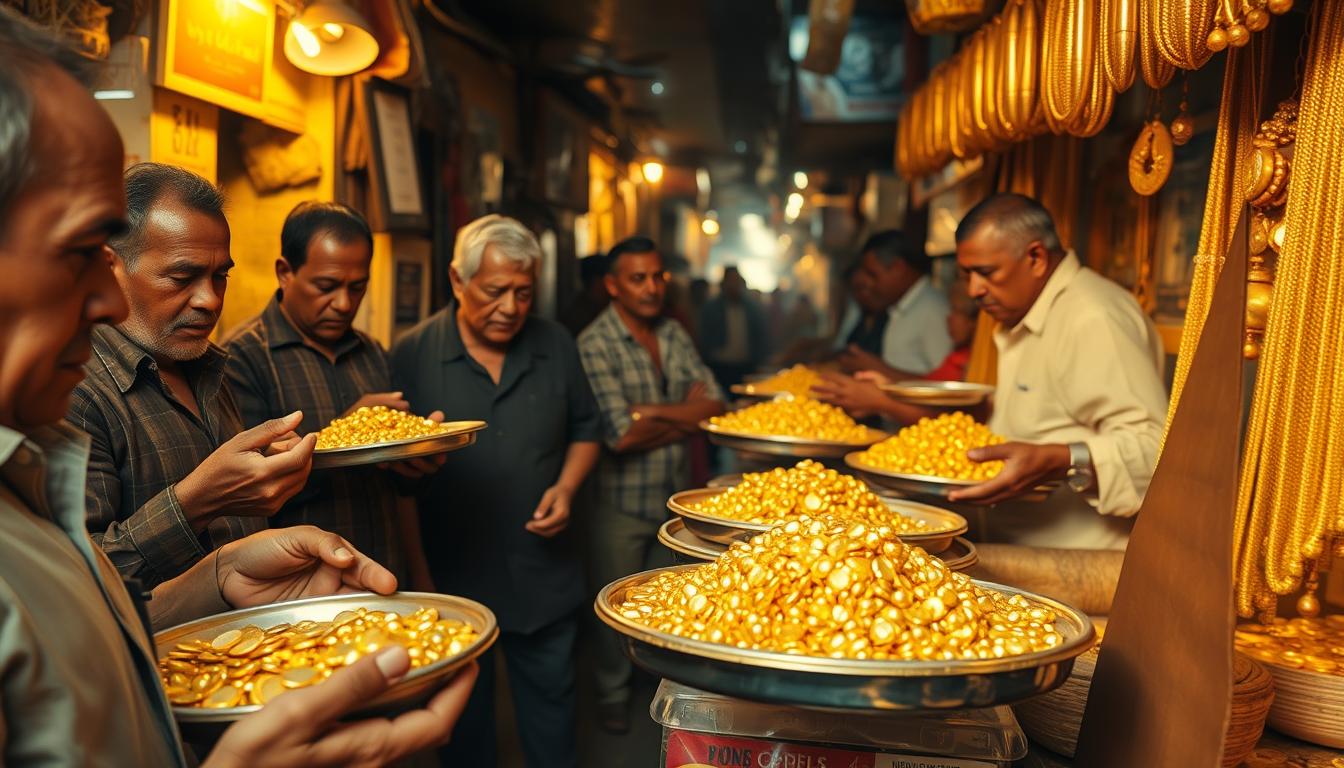 How to Compare Gold Prices in Local and Global Markets -EconoMix Plus A bustling local gold market, captured in warm, golden light. In the foreground, vendors showcase trays of glittering jewelry and coins, their weathered hands expertly handling the precious metal. In the middle ground, customers haggle and examine the wares, their faces animated by the lively transactions. The background is a labyrinth of narrow alleyways, lined with shops and stalls, creating a vibrant, immersive atmosphere. The scene is infused with the EconoMix Plus brand, embodying the dynamics of the local gold economy.