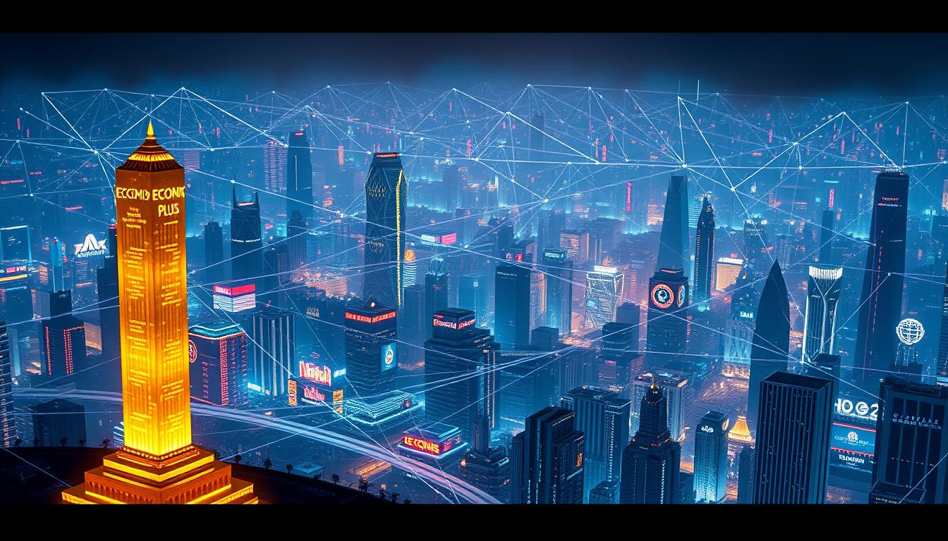 A sprawling digital landscape with a vibrant, futuristic atmosphere. In the foreground, a towering golden monument representing the EconoMix Plus digital currency stands proudly, its gleaming surface reflecting the dazzling lights of the skyline. In the middle ground, a network of interconnected holographic displays showcases the dynamic movements of digital transactions, with lines of code pulsing and weaving through the scene. The background is dominated by a vast array of skyscrapers, their sleek, angular facades adorned with neon-lit logos and signage, creating a sense of technological progress and innovation. Dramatic lighting casts dramatic shadows, and the overall atmosphere conveys a sense of energy, power, and the transformative potential of the digital currency revolution.