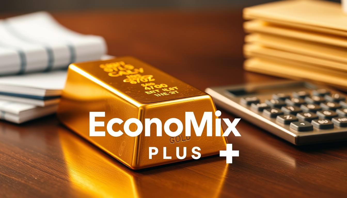 How to Determine the Right Amount of Gold in Your Portfolio -EconoMix Plus A gleaming ingot of pure gold, its surface reflecting a warm, golden light, sits upon a polished wooden table. In the foreground, the iconic "EconoMix Plus" logo is prominently displayed, symbolizing the power and stability of gold as an investment asset. The middle ground features a stack of financial documents and a calculator, hinting at the analytical and financial aspects of gold investment. The background is softly blurred, creating a sense of depth and focus on the central elements. The overall scene conveys a mood of wealth, security, and the benefits of including gold in one's portfolio.
