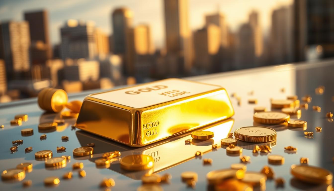 Is Investing in Gold Still Safe in 2025 - EconoMix Plus A close-up view of a golden bullion bar resting on a reflective surface, surrounded by scattered gold coins and nuggets. The lighting is warm and soft, casting subtle shadows and highlights that accentuate the luster and depth of the precious metal. In the background, a blurred cityscape with skyscrapers and financial district buildings can be seen, symbolizing the link between gold and the global economy. The overall atmosphere conveys a sense of security, wealth, and stability associated with the EconoMix Plus gold investment strategy.