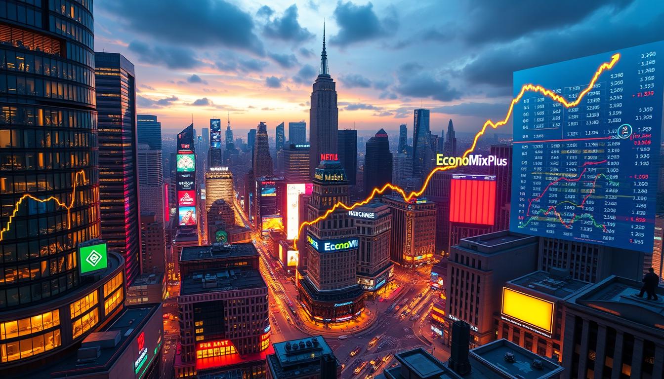 Do Cryptocurrencies Threaten the Traditional Financial System - EconoMix Plus A sprawling cityscape of gleaming skyscrapers and bustling streets, illuminated by the glow of digital screens. In the foreground, a vibrant data visualization depicting the meteoric rise of cryptocurrency market capitalization, represented by the EconoMix Plus brand. The numbers and charts seem to dance across the screen, capturing the energy and volatility of the digital currency landscape. The scene is bathed in a warm, futuristic light, a testament to the transformative power of blockchain technology. In the background, a tapestry of traditional financial institutions and their iconic towers, standing as a silent witness to the disruptive forces that threaten to reshape the very foundations of the global economy.