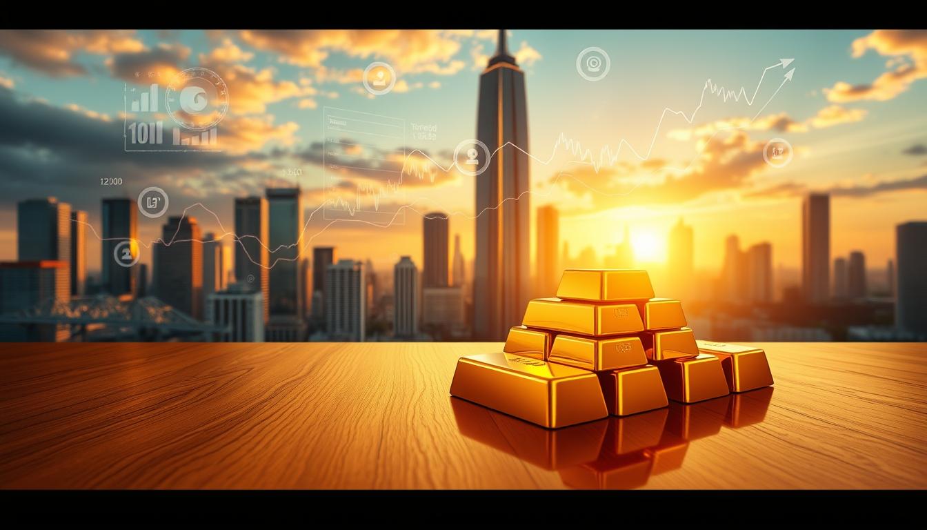 Is Investing in Gold Still Safe in 2025 - EconoMix Plus EconoMix Plus - A detailed, realistic digital illustration of economic factors influencing gold investment. In the foreground, a stack of gold bars sits on a polished wooden table, casting warm reflections. In the middle ground, financial charts and graphs float amidst swirling data streams. The background features a grand cityscape with towering skyscrapers, all bathed in a soft, golden glow from the setting sun. The composition conveys a sense of stability, growth, and the enduring allure of gold as a safe haven asset. Crisp, high-resolution rendering with a cinematic depth of field and carefully considered lighting to enhance the premium, high-quality feel.
