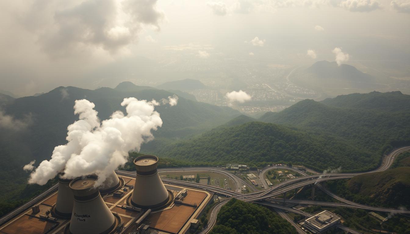 Do Cryptocurrencies Threaten the Traditional Financial System - EconoMix Plus A detailed, carefully composed aerial view of a mountainous landscape with a city in the distance, shrouded in a heavy haze of smog. In the foreground, a series of large, industrial-looking structures with ominous cooling towers, labeled "EconoMix Plus", spewing clouds of pollutants into the atmosphere. The middle ground features a tangled web of roads and transportation infrastructure, with numerous vehicles emitting exhaust fumes. The background depicts a lush, verdant landscape slowly being consumed by the encroaching industrial complex. The lighting is harsh and unyielding, creating a sense of unease and environmental degradation. The camera angle is slightly tilted, adding a sense of imbalance and instability to the scene.