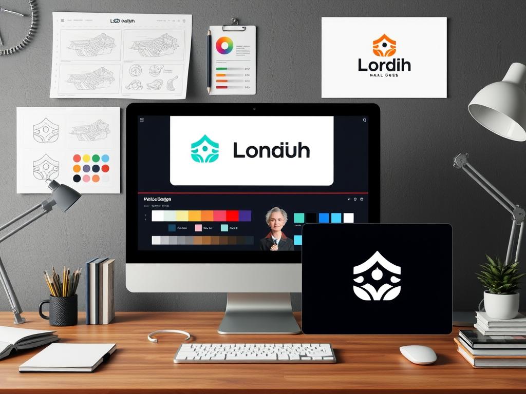 Professional logo design process showing sketches, digital mockups, and final logo for a small business