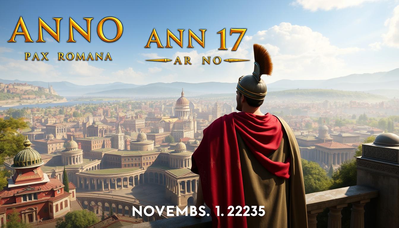 Anno 117: Pax Romana logo with release date and key art showing Roman and Celtic elements
