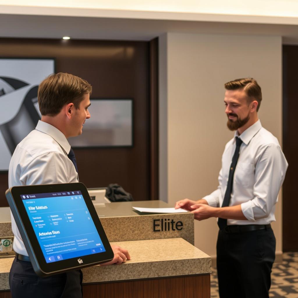 Person receiving elite status benefits at hotel check-in counter