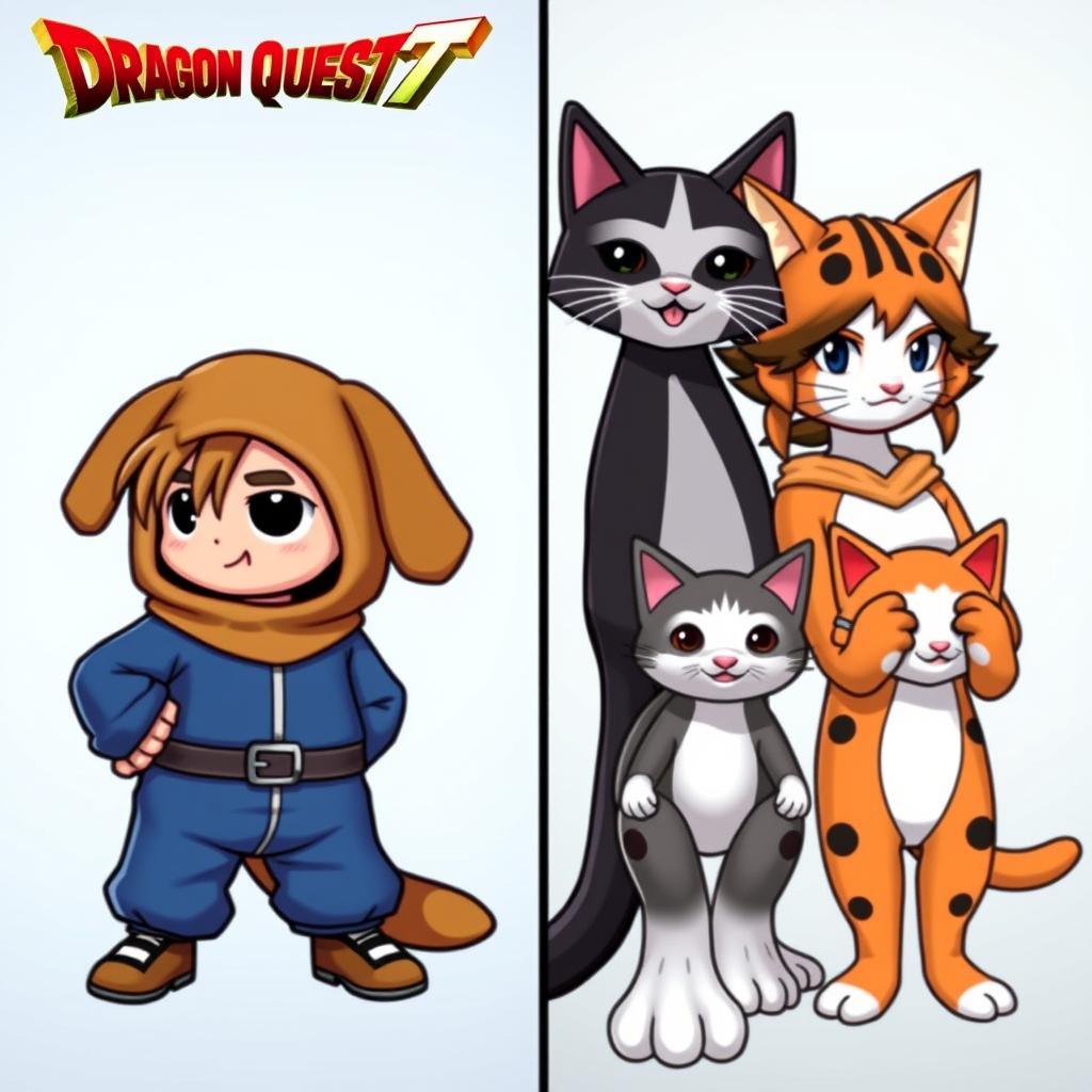 Dragon Quest I & II HD-2D Remake character wearing the dog and cat suits from the save data bonus