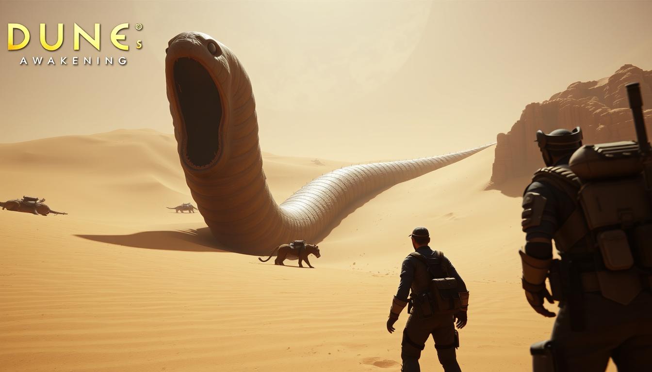 Dune: Awakening gameplay showing a player encountering a massive sandworm on Arrakis