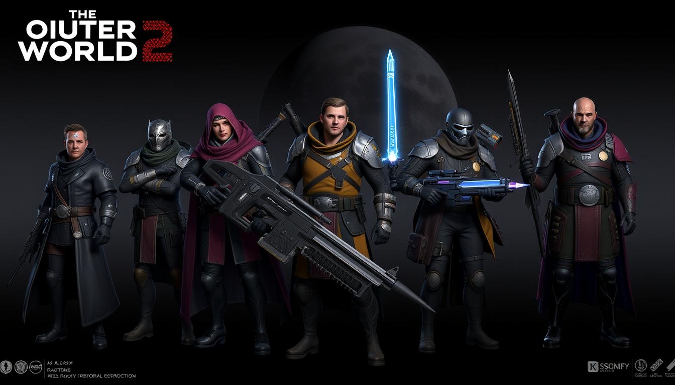 The Outer Worlds 2 six companions lineup with their faction affiliations