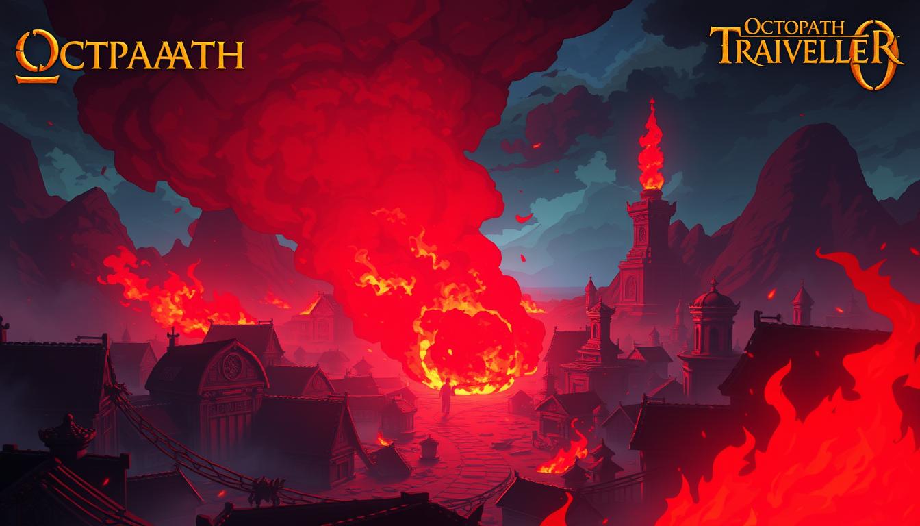 OCTOPATH TRAVELER 0 story scene showing the burning of Wishvale