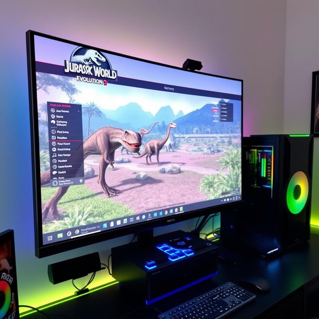 PC gaming setup running Jurassic World Evolution 3