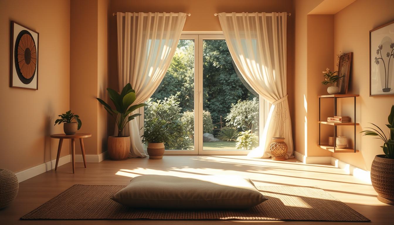 A cozy, sun-drenched meditation space with soft natural lighting and a calming ambiance. In the foreground, a plush meditation cushion on a woven mat, surrounded by low furniture like a wooden side table and a plant-filled shelf. In the middle ground, a large window with billowing sheer curtains, overlooking a tranquil garden. The background features soothing earth-toned walls, accentuated by minimal wall art and soft ambient lighting. The overall mood is serene, peaceful, and conducive to deep introspection and mindfulness.