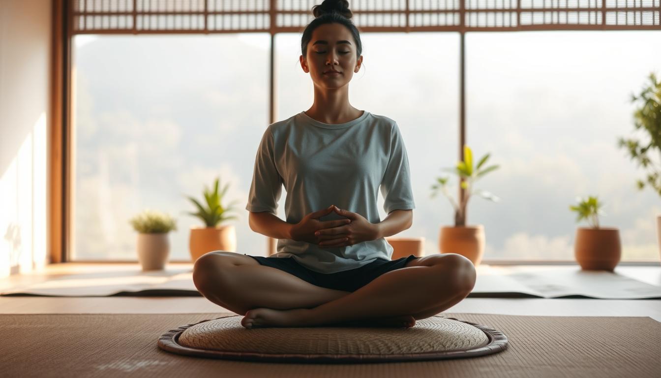 A tranquil scene of a serene meditation space. In the foreground, a person sits cross-legged, eyes closed, hands resting gently on their lap, exuding a sense of inner peace. The middle ground features a minimalist setup - a simple zafu cushion, a bamboo mat, and a few potted plants, all bathed in soft, natural lighting. The background depicts a calming landscape, perhaps a garden or a serene forest, with warm, muted tones creating a soothing ambiance. The overall composition conveys the benefits of daily meditation - a heightened sense of calm, focus, and well-being.