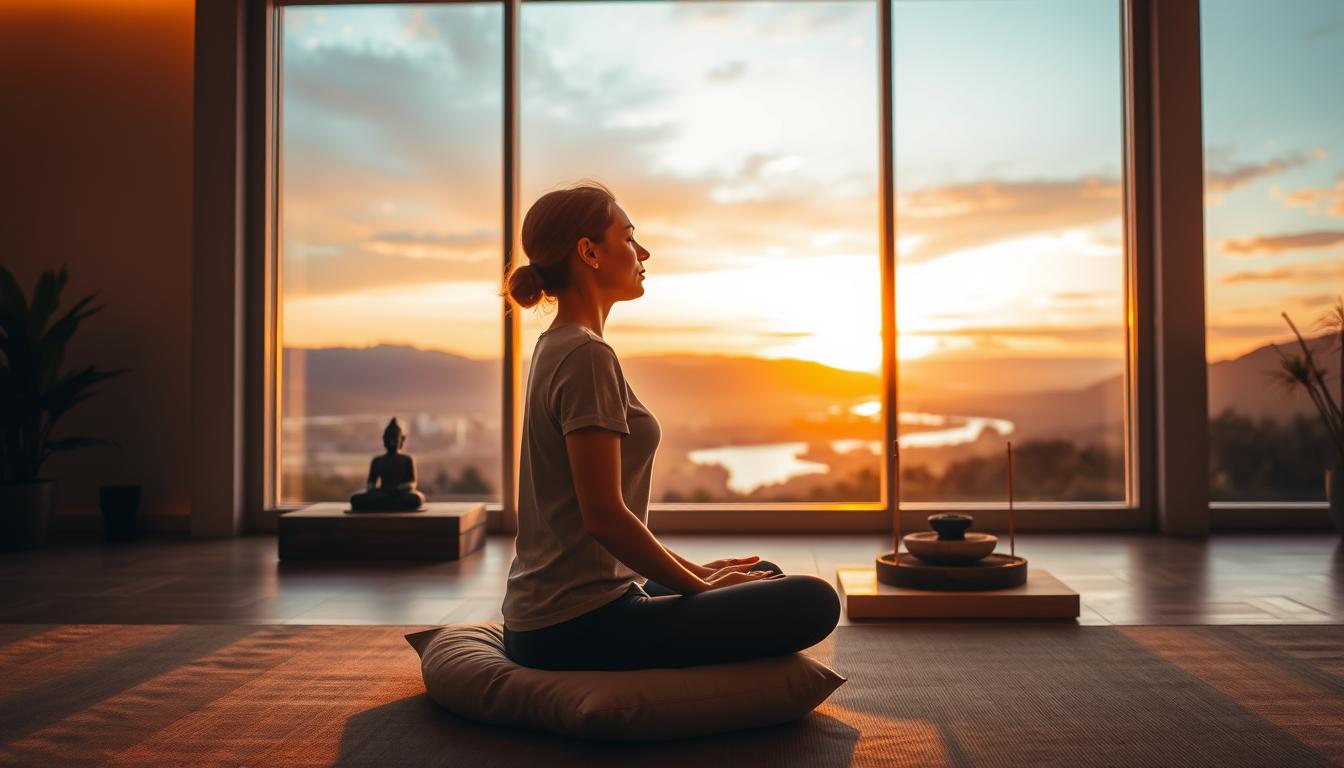 A serene meditation studio with warm, diffused lighting. In the foreground, a person sits cross-legged on a plush cushion, eyes closed in deep contemplation. The middle ground features a minimalist altar with a small Buddha statue, incense, and a zen garden. The background showcases a tranquil landscape through large windows - rolling hills, a meandering river, and a vibrant sunset. The overall atmosphere is one of tranquility, focus, and inner peace, capturing the essence of stress management through meditative practice.