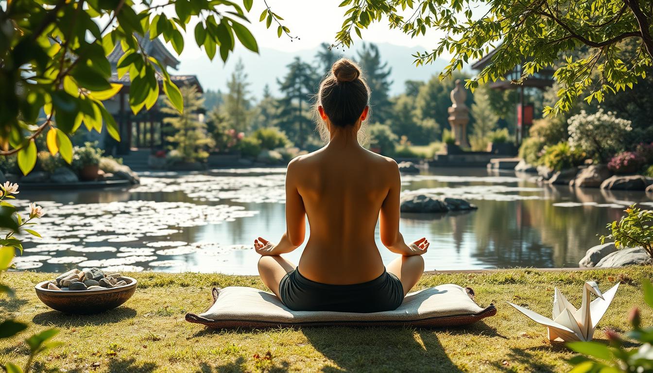 A serene meditation garden with a peaceful pond, surrounded by lush greenery and blooming flowers. In the foreground, a person sits cross-legged on a cushion, their eyes closed in deep contemplation. Soft natural lighting filters through the leaves, creating a calming atmosphere. The middle ground features various relaxing elements like a bowl of river stones, a small waterfall, and a delicate origami crane. In the background, a distant mountain range is visible, adding to the sense of tranquility. The overall scene conveys a soothing, stress-relieving mood through its harmonious composition and attention to details that evoke mindfulness and inner calm.