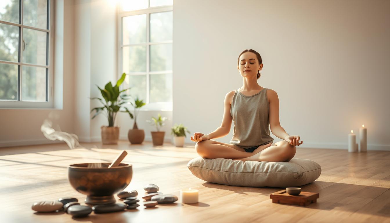 A serene meditation space with natural light filtering through large windows, casting a warm, calming glow. In the foreground, a person sits cross-legged on a plush cushion, eyes closed, embodying a state of deep focus and inner peace. Surrounding them, an array of mindfulness tools - a Tibetan singing bowl, scattered river stones, and a small incense burner emit wisps of fragrant smoke. In the middle ground, potted plants and candles dot the scene, creating a tranquil, nature-inspired atmosphere. The background features a minimalist, neutral-toned wall, emphasizing the simplicity and purity of the space. The overall composition evokes a sense of tranquility, balance, and rejuvenation.