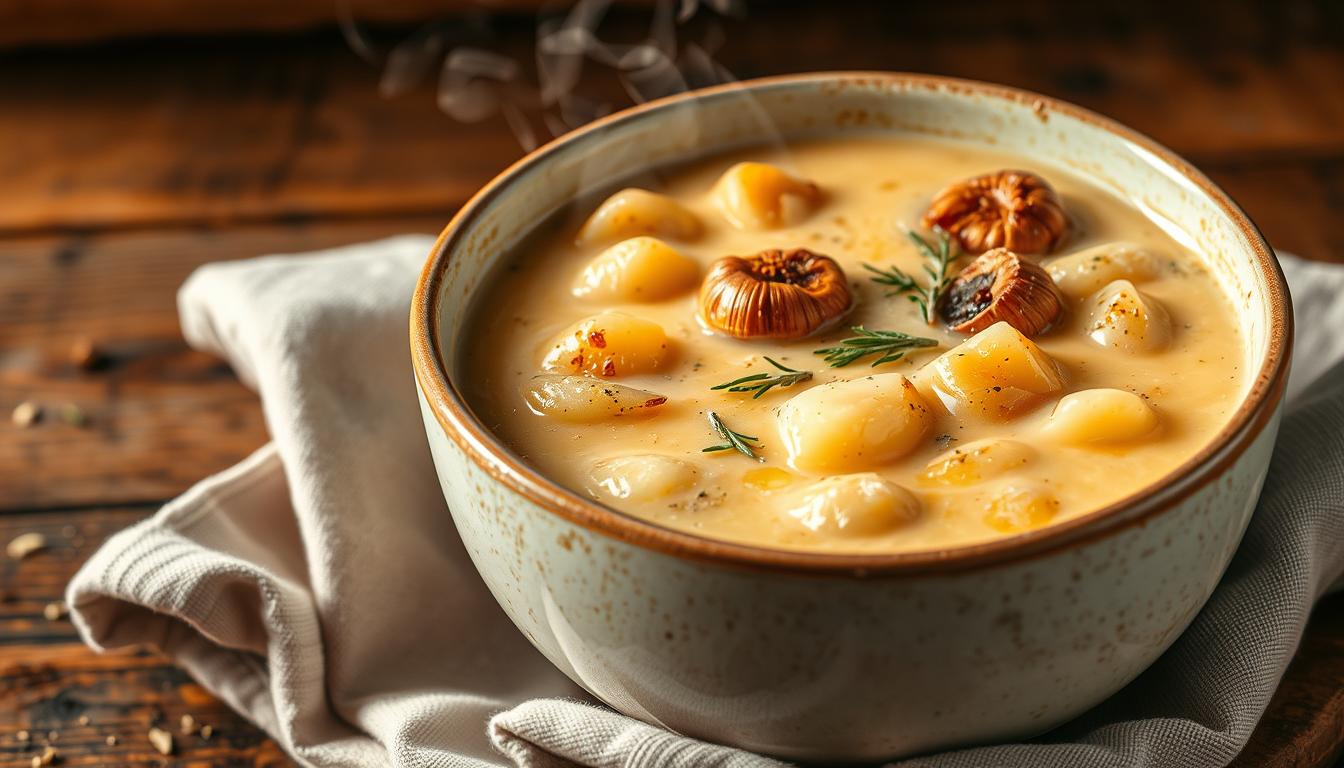 Potato and Onion Soup: 10 Vegan Twists You’ll Love 2 A steaming bowl of rich, creamy potato soup, garnished with roasted garlic cloves and a sprinkle of fragrant herbs. The potatoes are perfectly tender, infused with the savory essence of roasted garlic. Wisps of steam rise from the soup, hinting at the comforting aroma of thyme, rosemary, and parsley. The lighting is soft and warm, casting a golden glow on the velvety texture of the soup. The bowl is set against a rustic wooden backdrop, with a linen napkin adding a touch of elegance. This image evokes the cozy, nourishing experience of a hearty, homemade potato soup enhanced by the depth of roasted garlic and aromatic herbs.